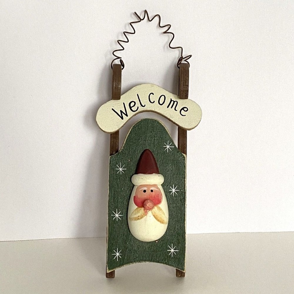 Santa Claus Wood Sled Welcome Hand Painted Christmas Ornament 6"x2.5"